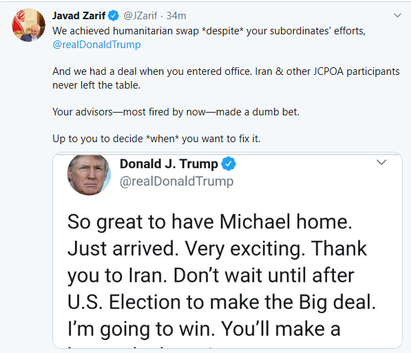 واکنش ظریف به تازهترین اظهارات ترامپ درباره توافق با ایران واکنش ظریف به تازهترین اظهارات ترامپ درباره توافق با ایران