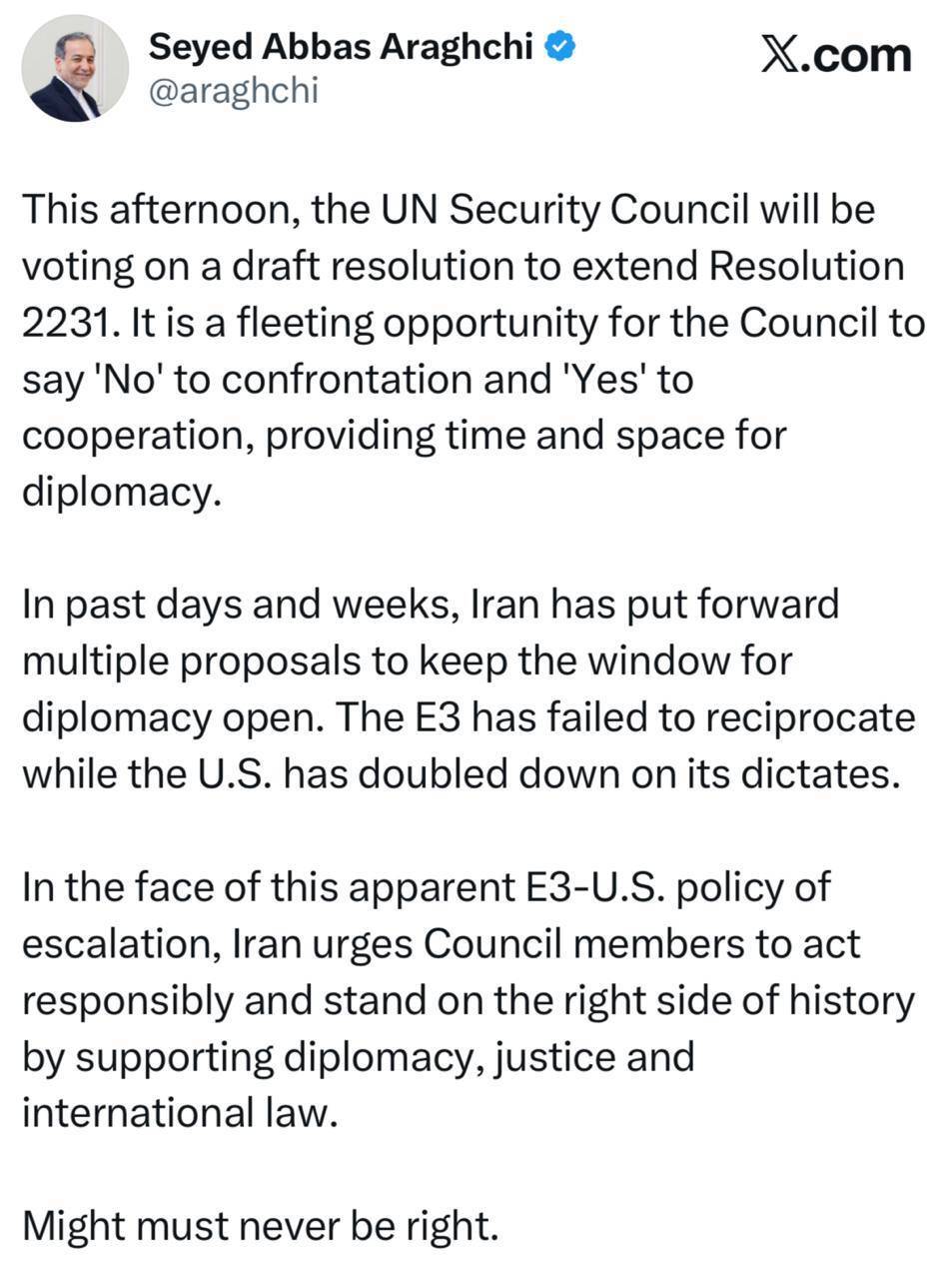 درخواست عراقچی از شورای امنیت سازمان ملل متحد درخواست عراقچی از شورای امنیت سازمان ملل متحد