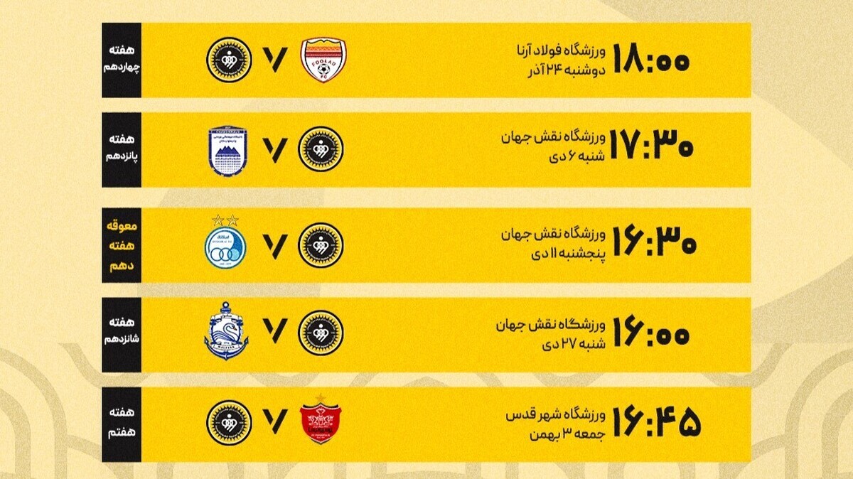 برنامه بازیهای سپاهان در هفتههای چهاردهم تا هفدهم لیگ برتر فوتبال برنامه بازیهای سپاهان در هفتههای چهاردهم تا هفدهم لیگ برتر فوتبال